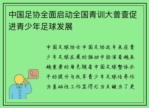 中国足协全面启动全国青训大普查促进青少年足球发展